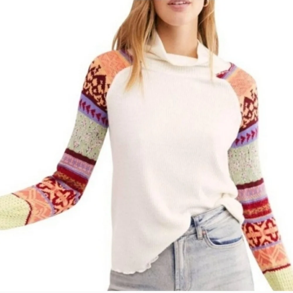 Free People Ivory Prism Ribbed Knit Sleeve Mock Neck Sweater Size XS